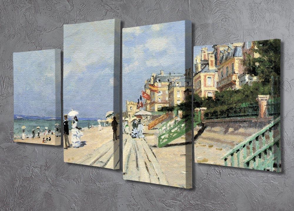 A beautiful 4-split canvas artwork depicting Beach at Trouville by Monet, showcasing vibrant colors and dynamic beach scene.