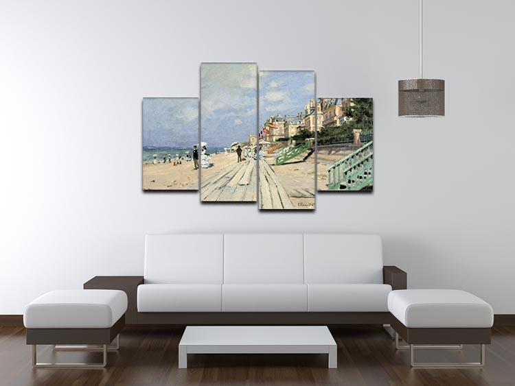 A beautiful 4-split canvas artwork depicting Beach at Trouville by Monet, showcasing vibrant colors and dynamic beach scene.