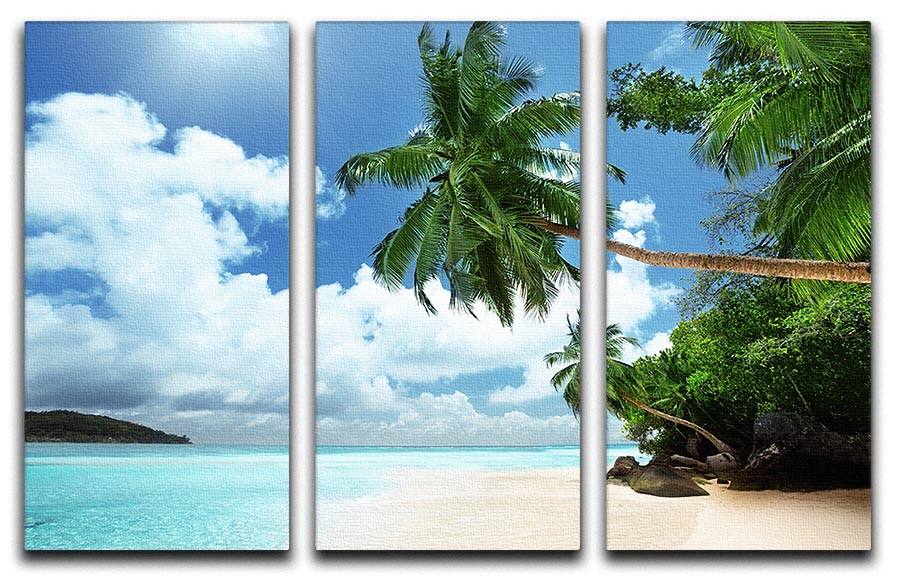 A beautiful 3-panel canvas print depicting a serene beach on Mahe island, showcasing vibrant colors and a tranquil atmosphere.