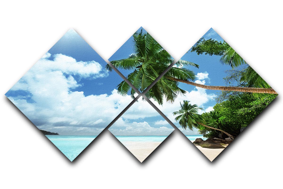 A beautiful 4-square multi-panel canvas depicting the beach on Mahe Island, showcasing vibrant colors and serene ocean views.