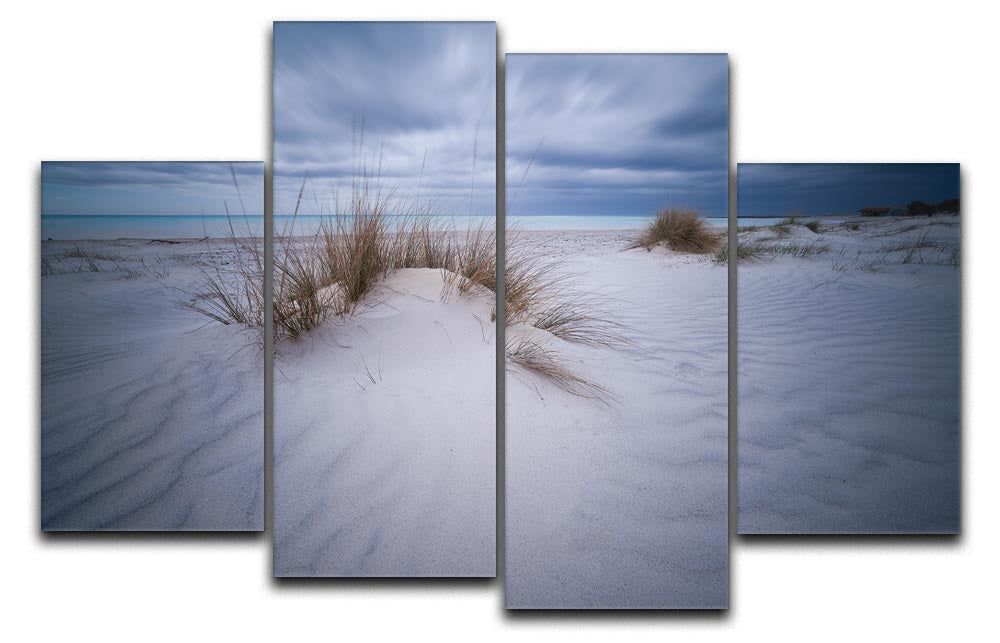 A beautiful Beach White 4 Split Panel Canvas artwork featuring a serene beach scene divided into four panels, showcasing vibrant colors and dynamic design.
