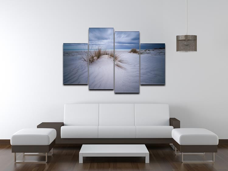 A beautiful Beach White 4 Split Panel Canvas artwork featuring a serene beach scene divided into four panels, showcasing vibrant colors and dynamic design.