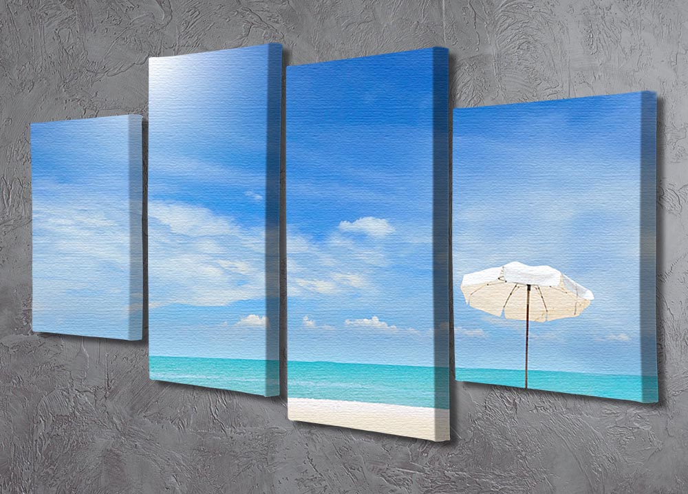 A beautiful 4 split panel canvas artwork depicting a beach scene with a cloudy blue sky, showcasing vibrant colors and serene imagery.