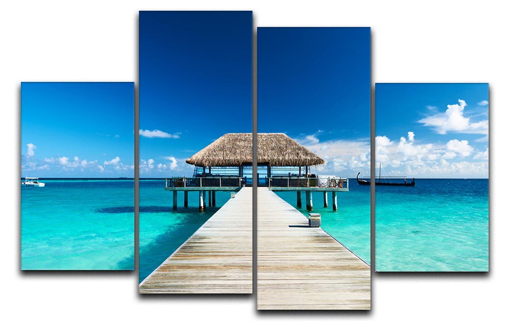 A beautiful 4 split panel canvas depicting a Maldives beach with a jetty, showcasing vibrant colors and serene scenery.