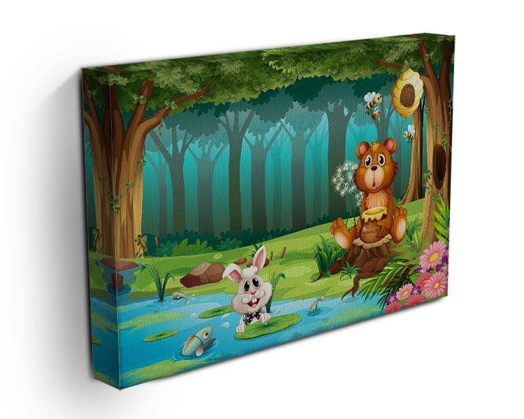 A beautiful canvas print featuring a bear in a lush jungle, surrounded by vibrant greenery and colorful flowers.