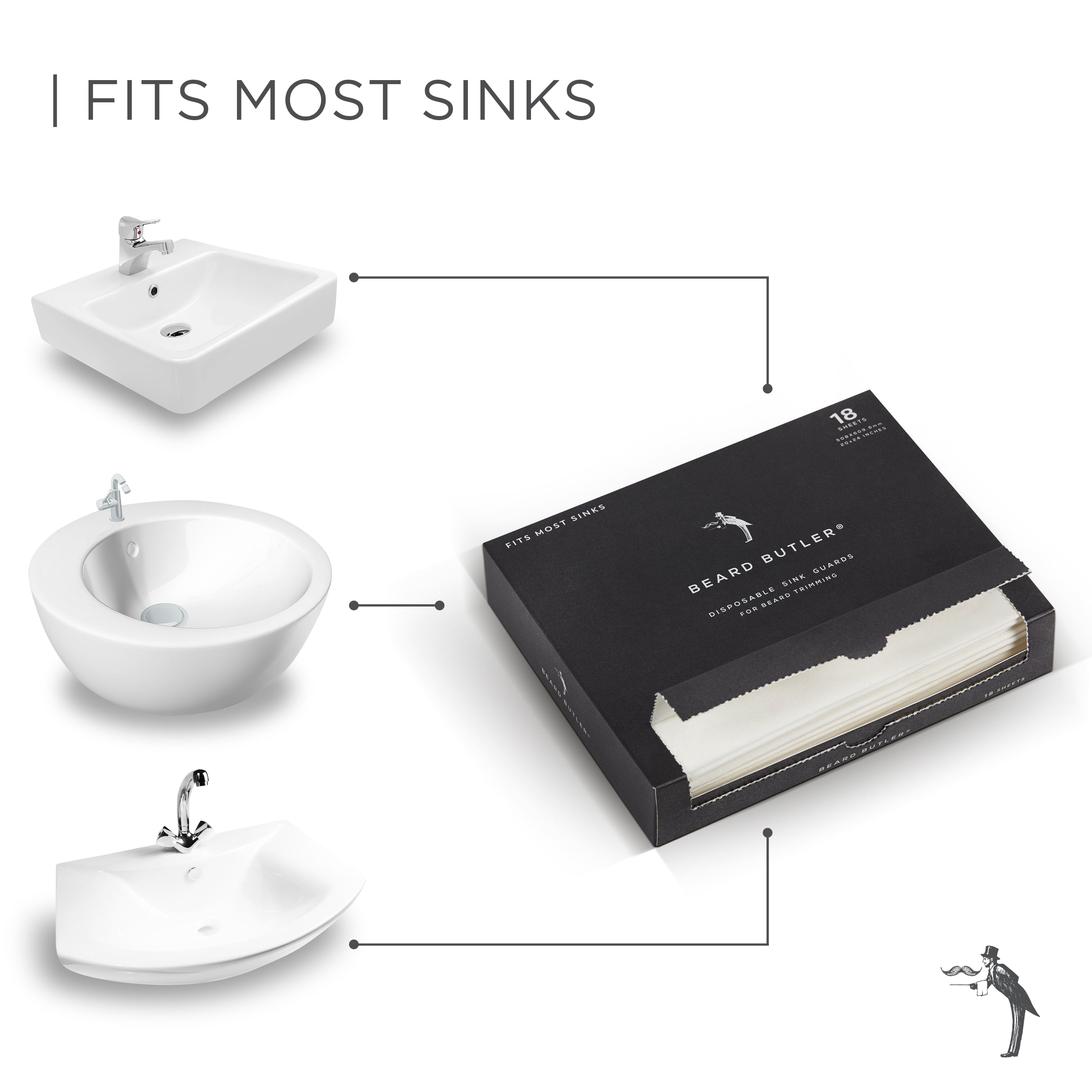 Beard Butler® Disposable Sink Guards package featuring biodegradable tissues for catching beard hair during grooming.