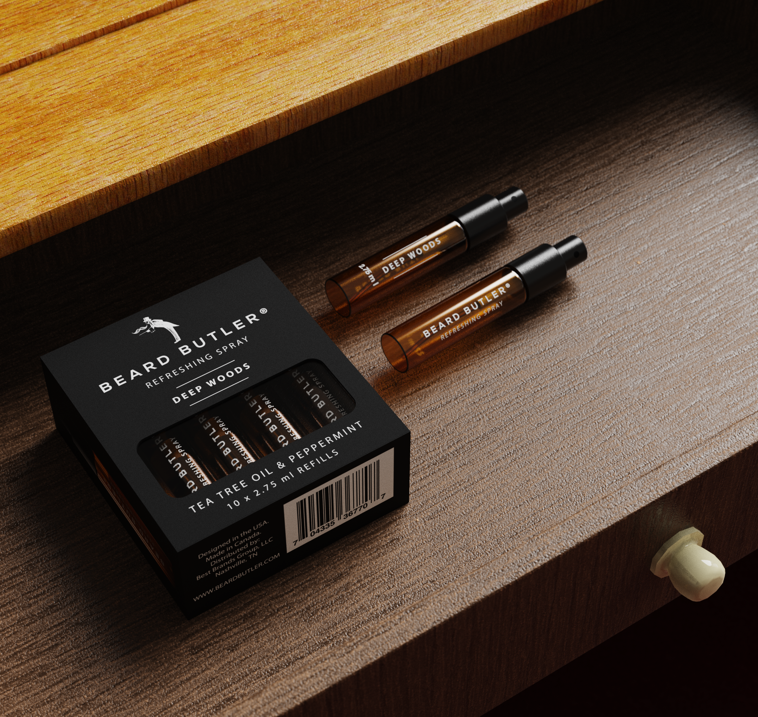 Beard Butler Refreshing Beard Spray in Deep Woods scent, featuring a sleek bottle design with a label showcasing Tea Tree and Peppermint ingredients.