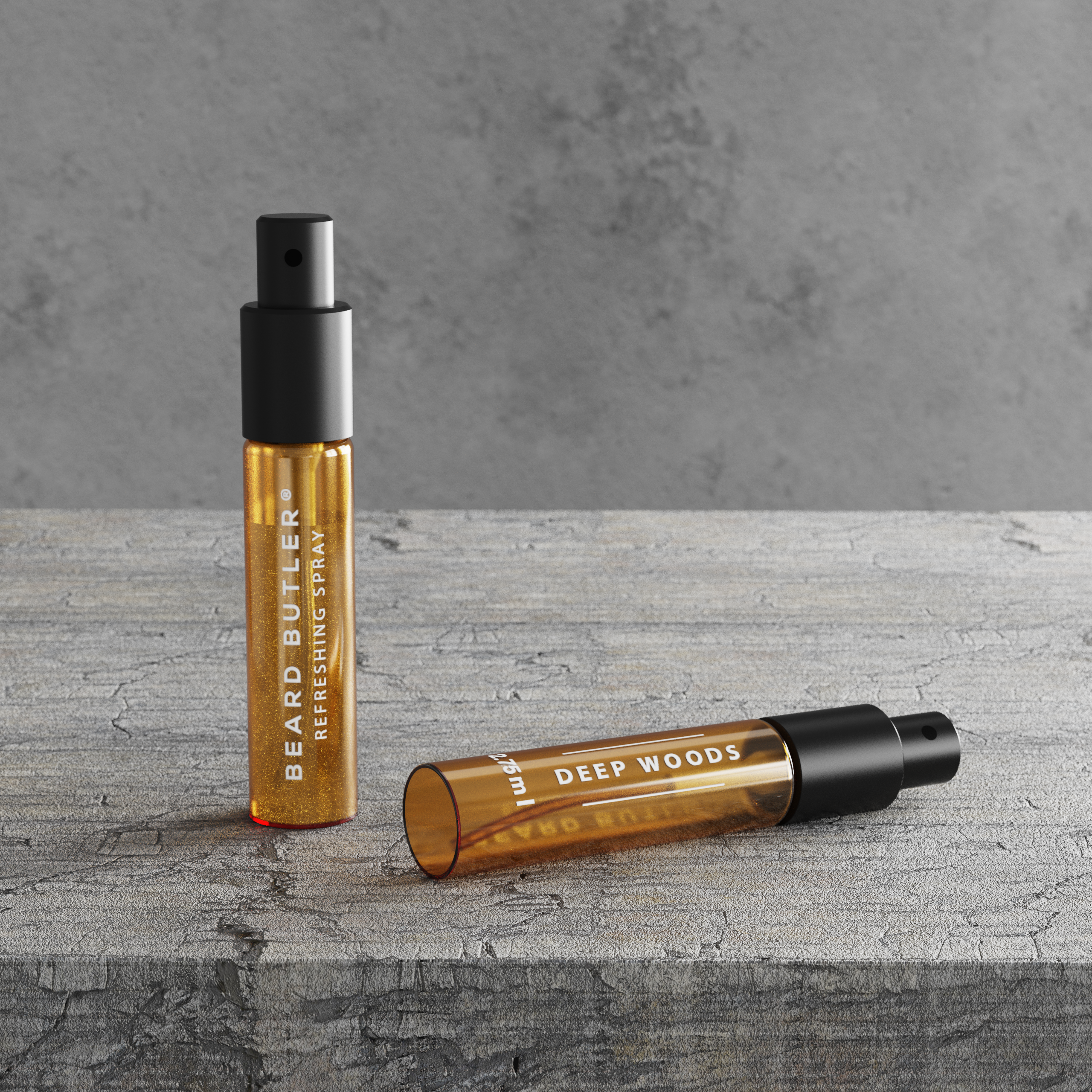 Beard Butler Refreshing Beard Spray in Deep Woods scent, featuring a sleek bottle design with a label showcasing Tea Tree and Peppermint ingredients.