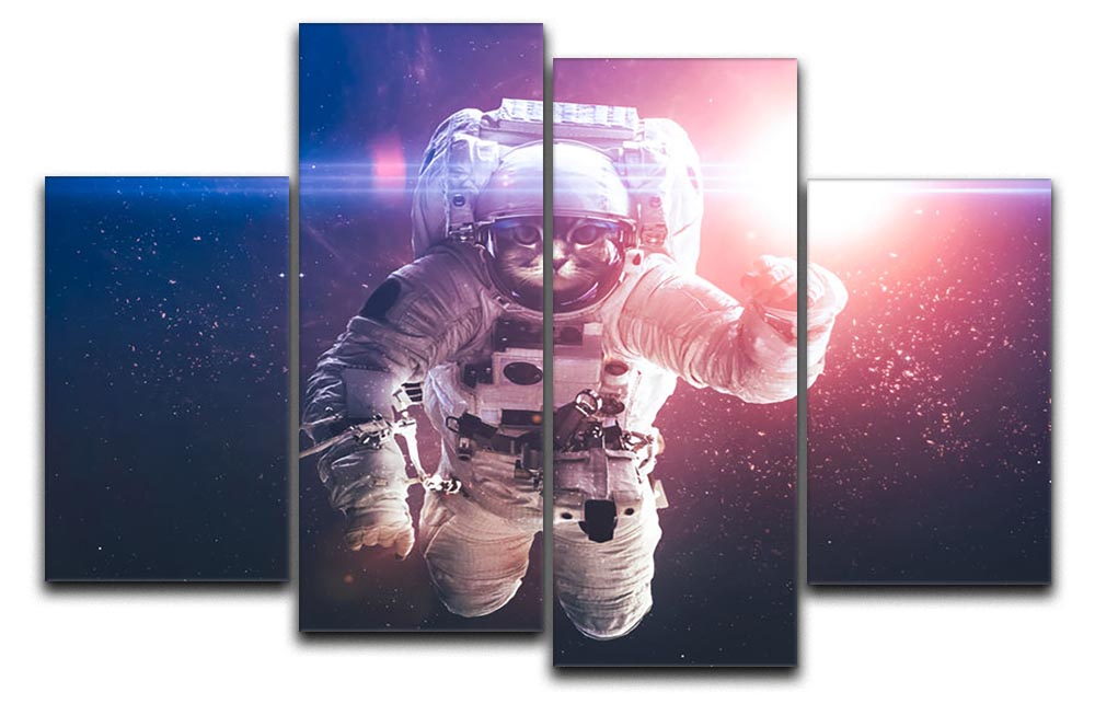 A beautiful cat floating in outer space, depicted in a vibrant 4-panel canvas artwork, showcasing stars and cosmic elements.