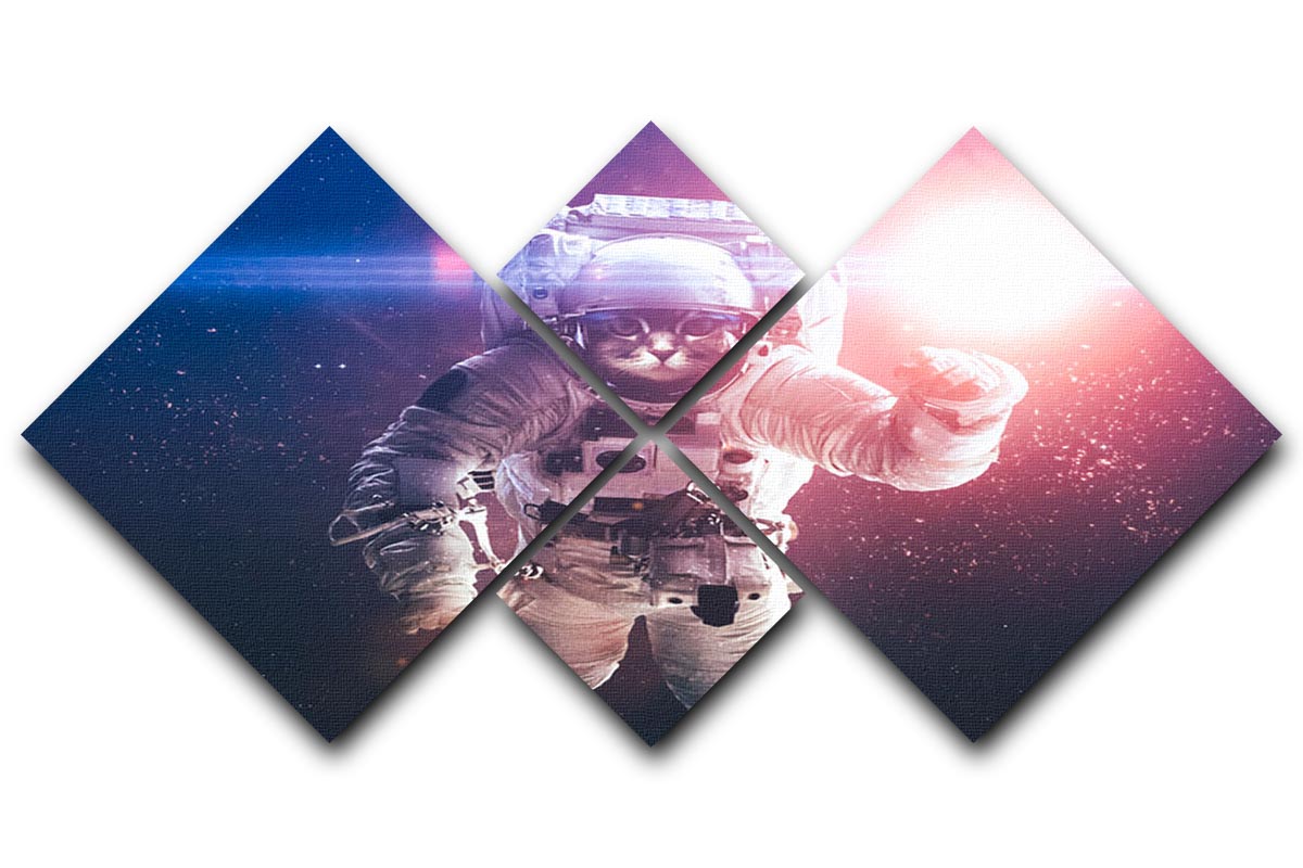 A beautiful multi-panel canvas featuring a whimsical cat floating in outer space, surrounded by stars and cosmic elements.