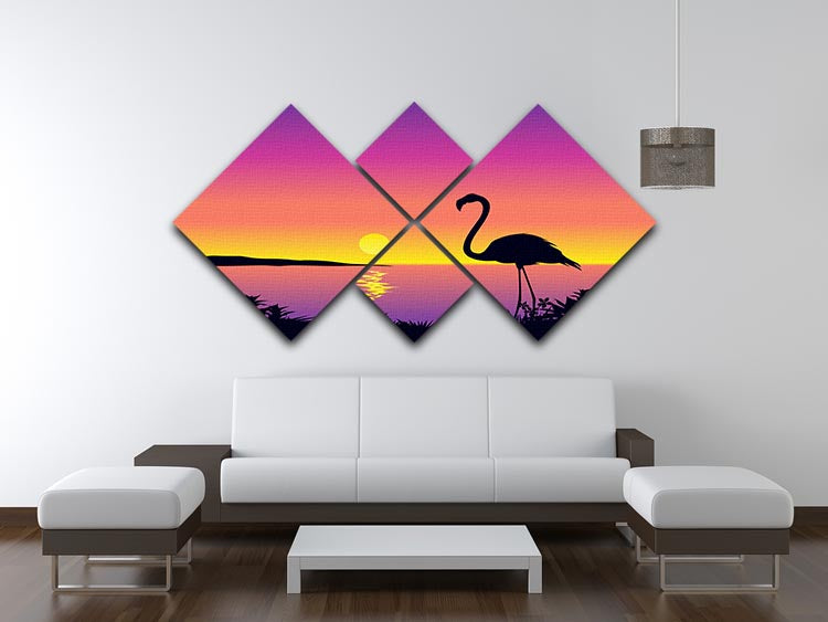 A stunning 4-panel canvas artwork featuring a beautiful coastline view with flamingos, showcasing vibrant colors and intricate details.