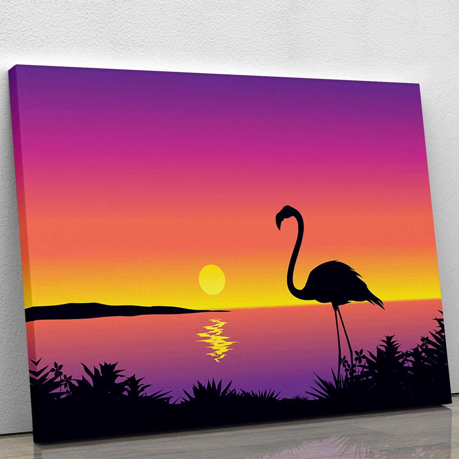 Beautiful coastline view featuring a flamingo, printed on high-quality canvas or poster, perfect for home decor.