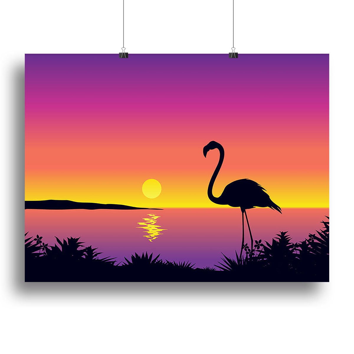 Beautiful coastline view featuring a flamingo, printed on high-quality canvas or poster, perfect for home decor.