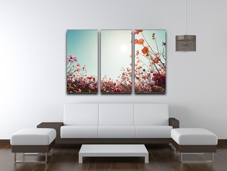 A beautiful 3-panel canvas print featuring vibrant cosmos flowers, enhancing any room decor.