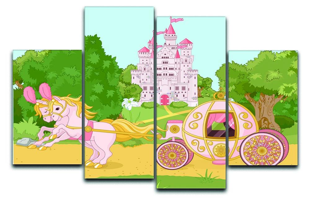 Beautiful fairytale pink carriage and castle artwork displayed in a 4 split panel canvas format, perfect for children's decor.