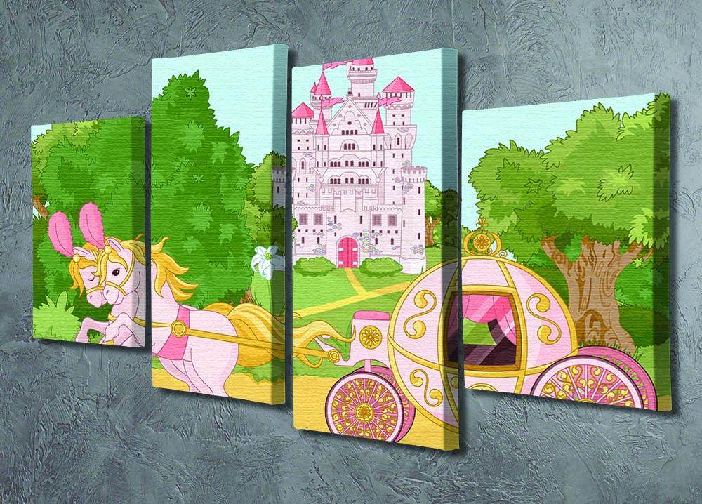 Beautiful fairytale pink carriage and castle artwork displayed in a 4 split panel canvas format, perfect for children's decor.