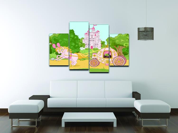 Beautiful fairytale pink carriage and castle artwork displayed in a 4 split panel canvas format, perfect for children's decor.
