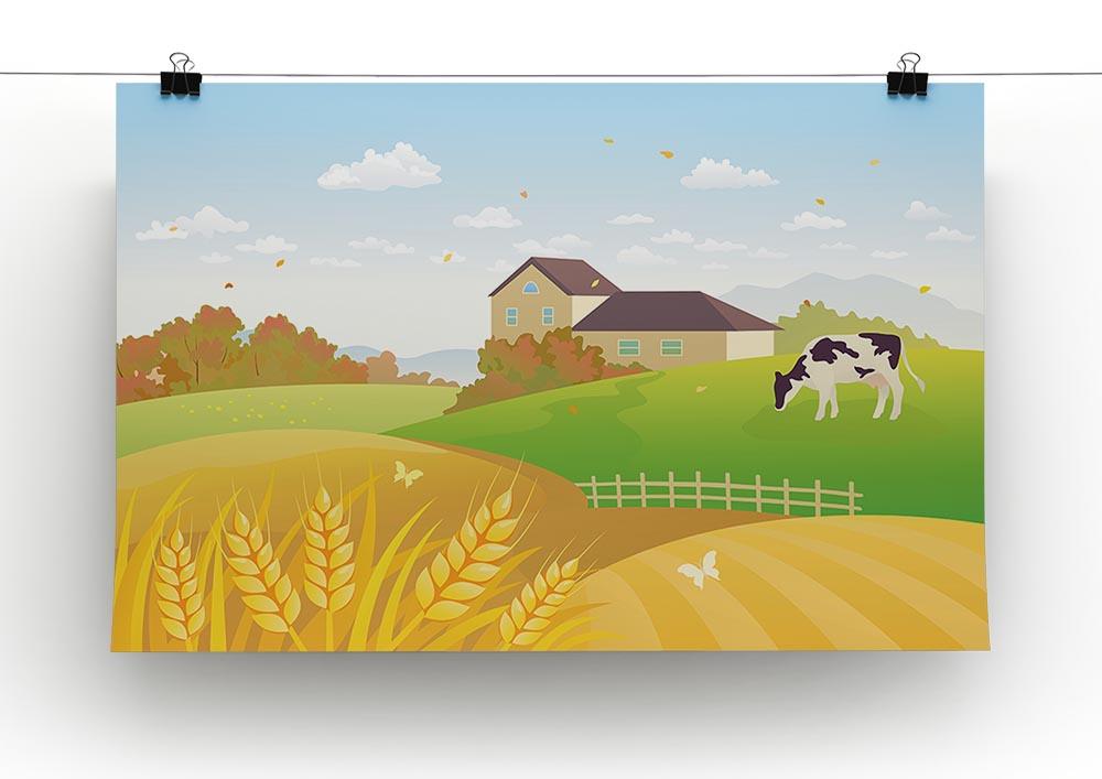A beautiful fall countryside scene featuring a grazing cow, showcasing vibrant autumn colors and serene landscape.