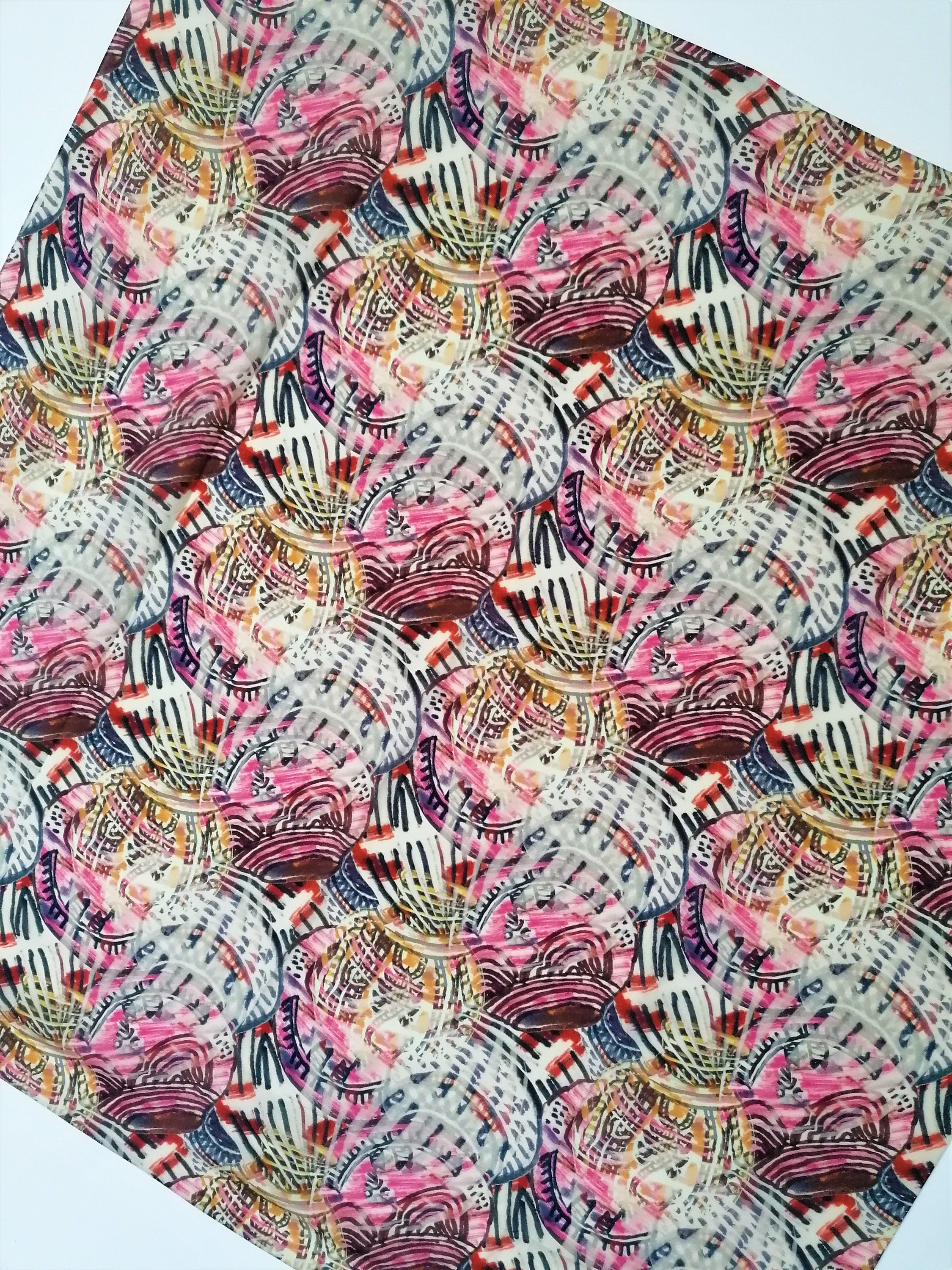 Beautiful Nostalgia Crepe de Chine Scarf featuring claypot art design, large size with hand-rolled edges, showcasing vibrant colors and intricate patterns.