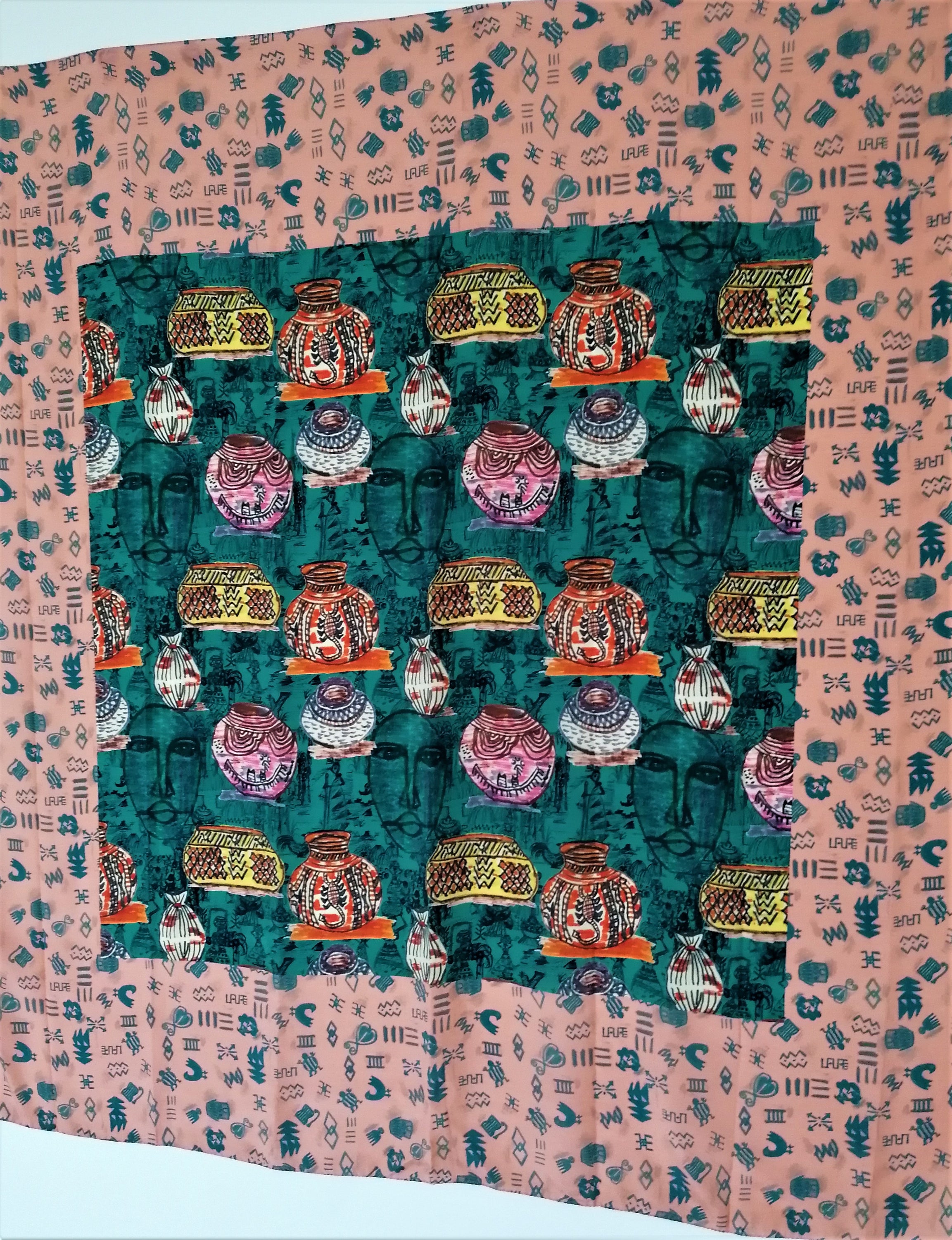 Beautiful Nostalgia Crepe de Chine Scarf featuring clay pots and Adinkra symbols, showcasing vibrant colors and luxurious fabric.