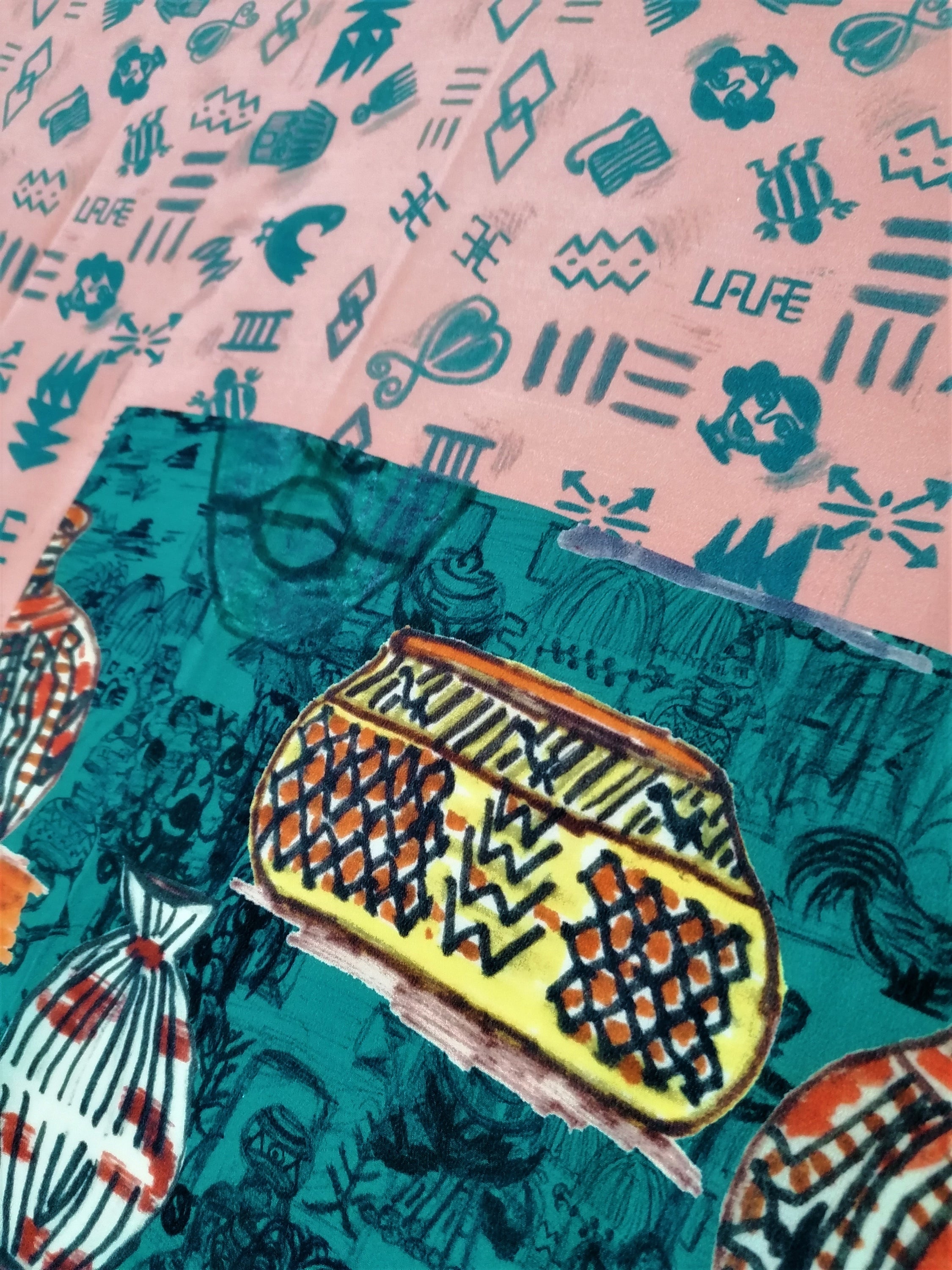 Beautiful Nostalgia Crepe de Chine Scarf featuring clay pots and Adinkra symbols, showcasing vibrant colors and luxurious fabric.