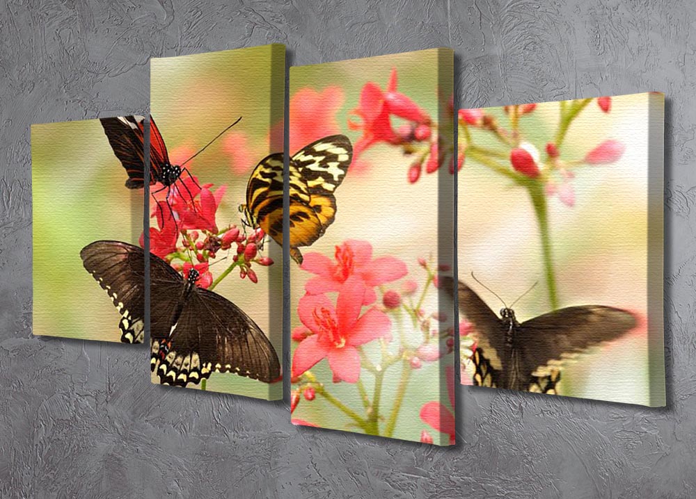 A vibrant 4 split panel canvas featuring tropical butterflies on red flowers, showcasing intricate details and vivid colors.