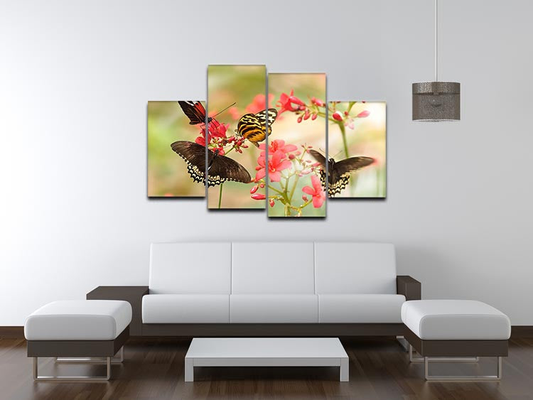 A vibrant 4 split panel canvas featuring tropical butterflies on red flowers, showcasing intricate details and vivid colors.