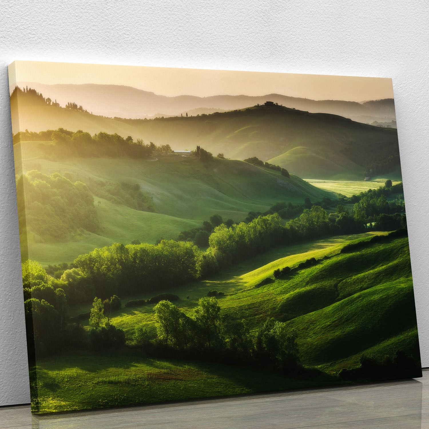 A beautifully illuminated landscape canvas print showcasing vibrant colors and serene natural scenery, perfect for home decor.