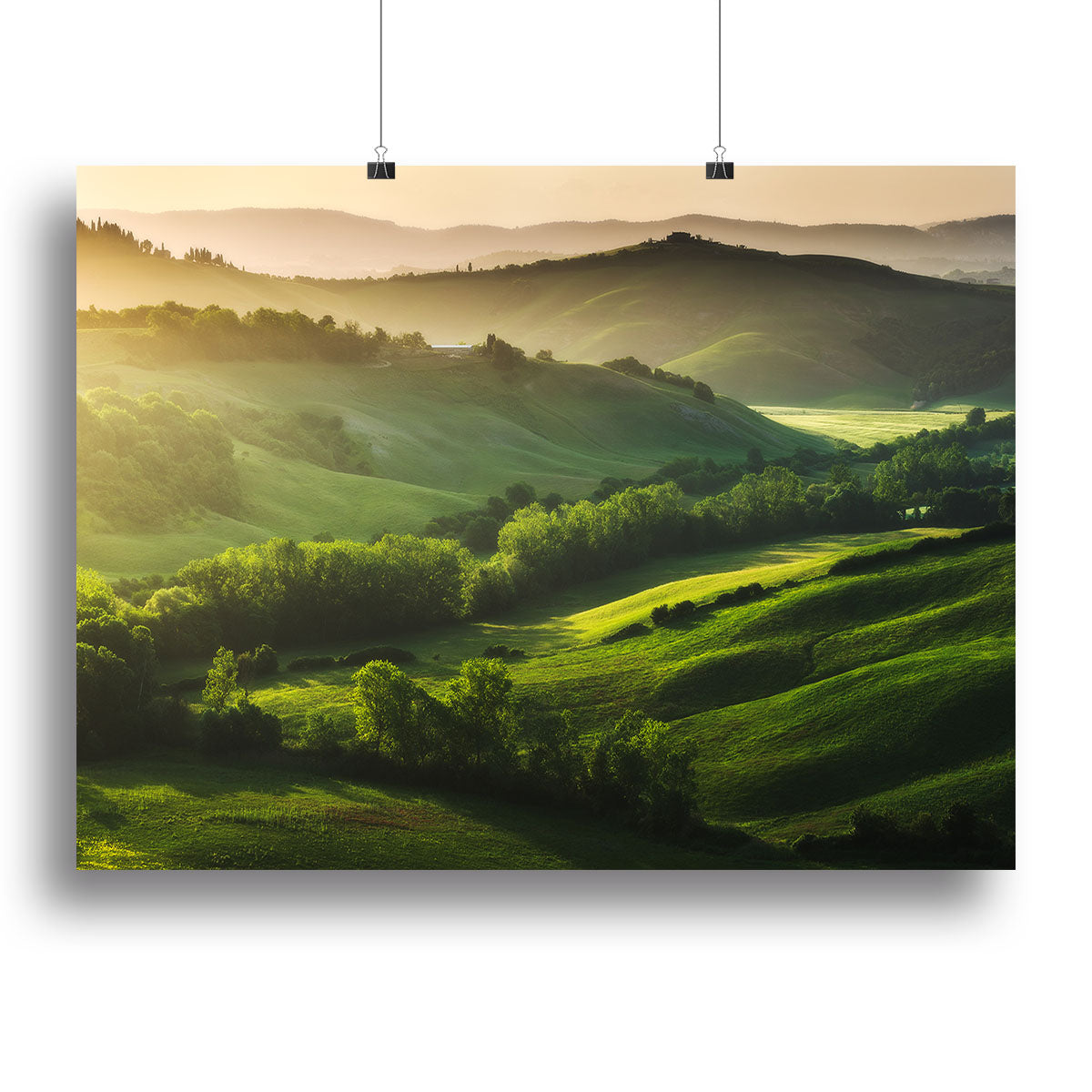 A beautifully illuminated landscape canvas print showcasing vibrant colors and serene natural scenery, perfect for home decor.