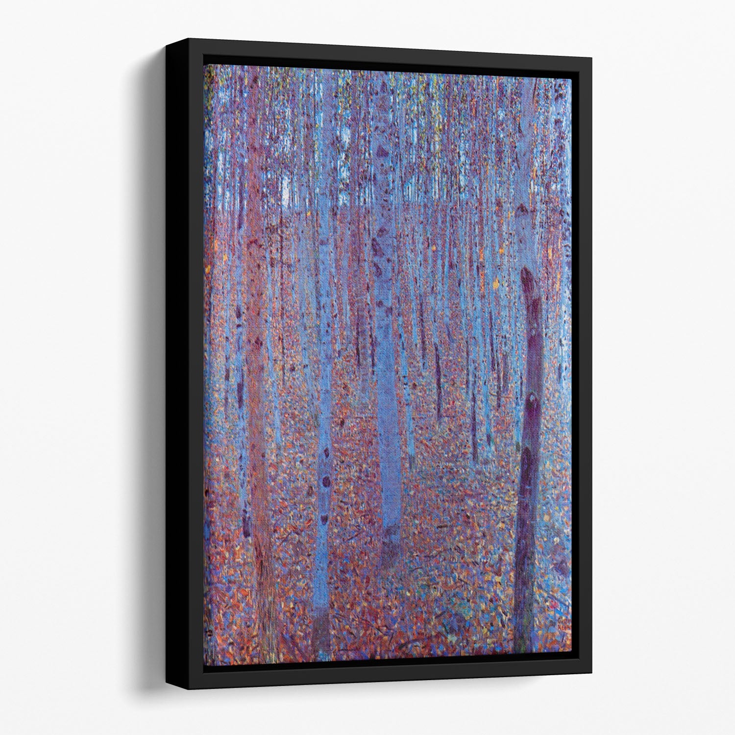Beech Forest by Klimt Floating Framed Canvas featuring vibrant colors and abstract design in a handcrafted wooden frame.