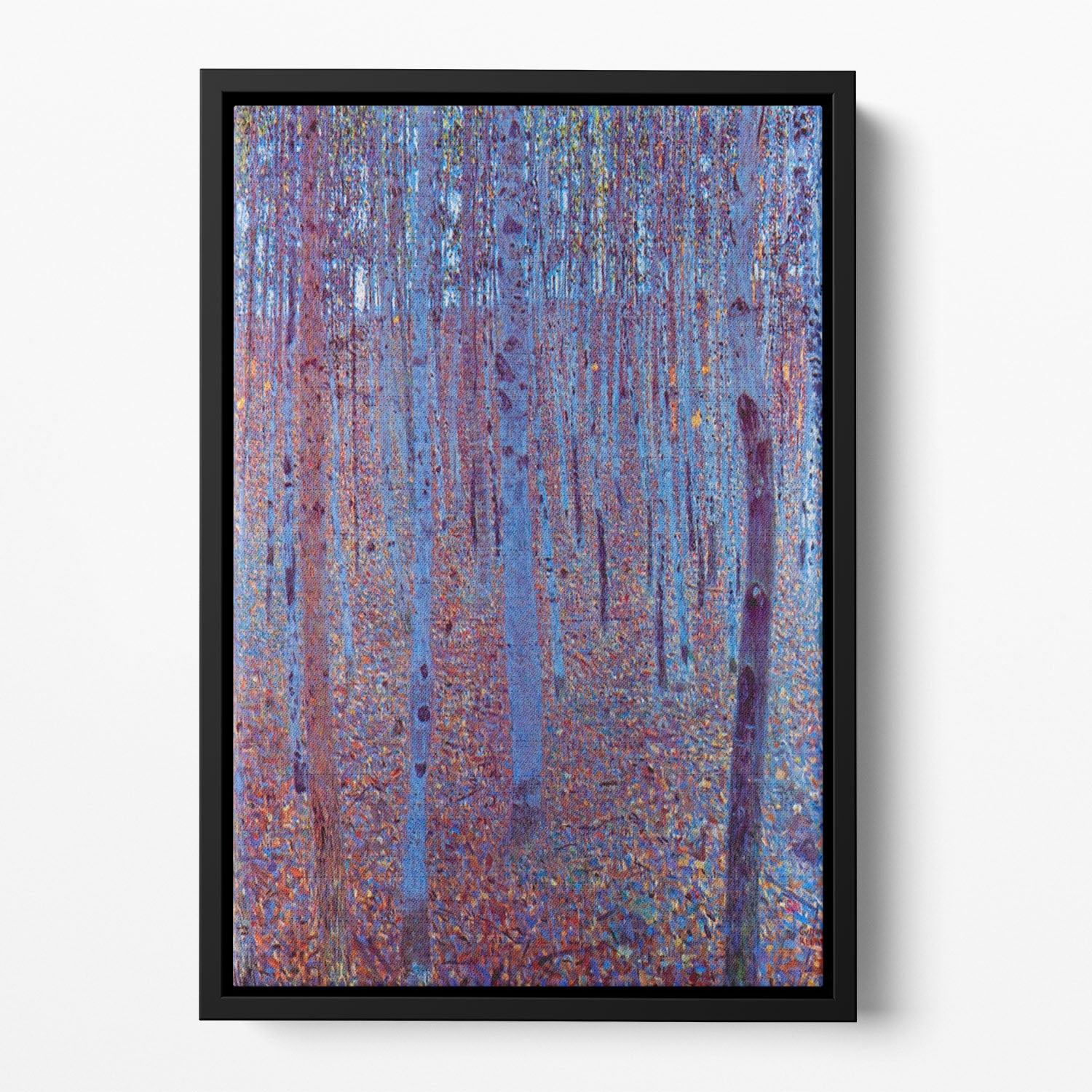 Beech Forest by Klimt Floating Framed Canvas featuring vibrant colors and abstract design in a handcrafted wooden frame.
