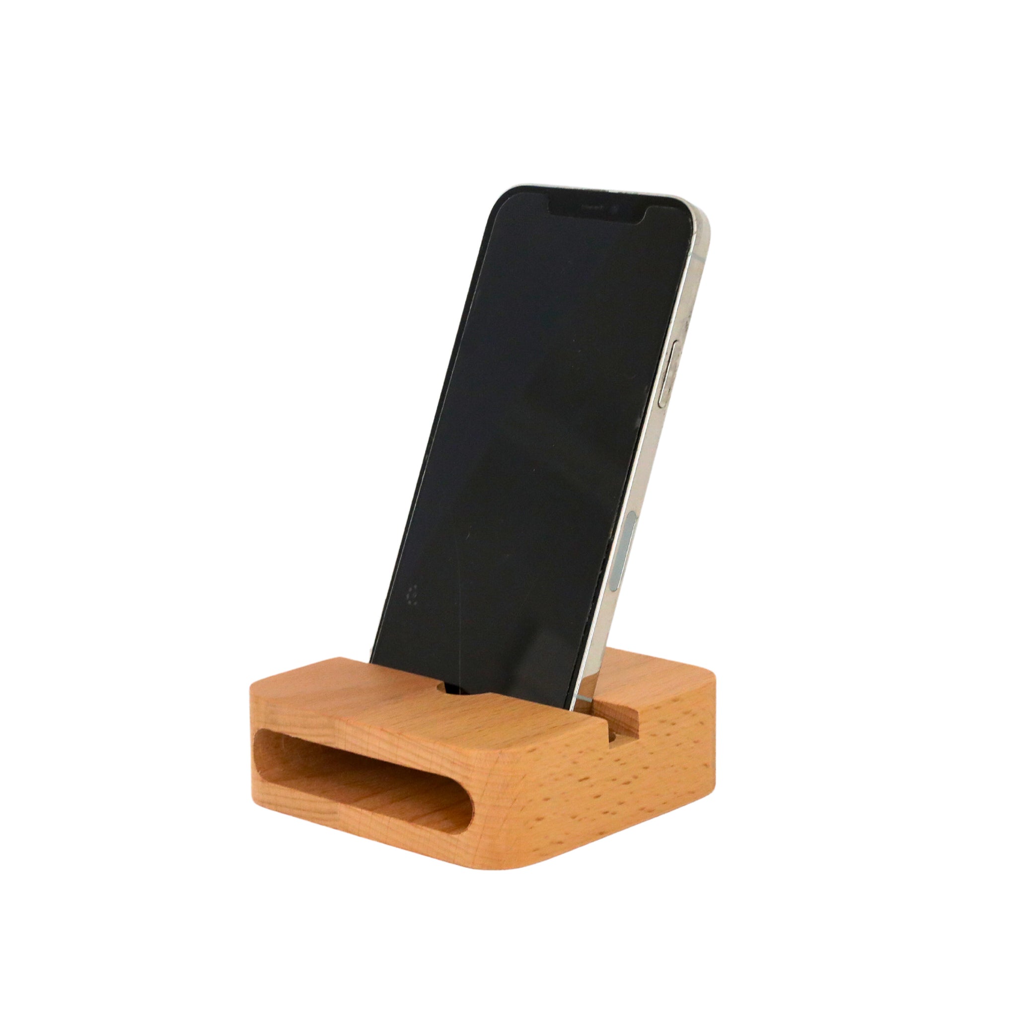 Beechwood Square Amplifier featuring an oval opening, showcasing its compact design and natural wood finish.