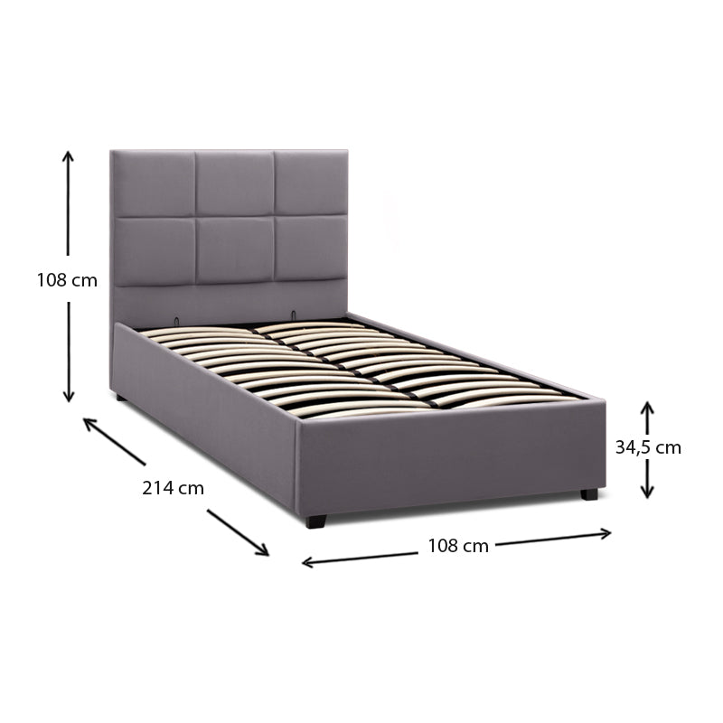 CELLO Grey Bed 100x200cm with plush velvet upholstery and under-bed storage, featuring anatomical slats and black wooden legs.