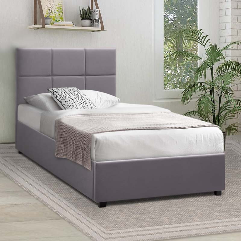 CELLO Grey Bed 100x200cm with plush velvet upholstery and under-bed storage, featuring anatomical slats and black wooden legs.