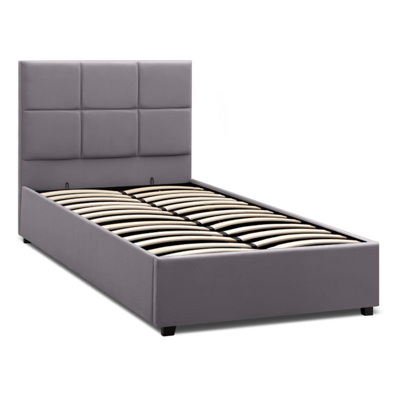 CELLO Grey Bed 100x200cm with plush velvet upholstery and under-bed storage, featuring anatomical slats and black wooden legs.