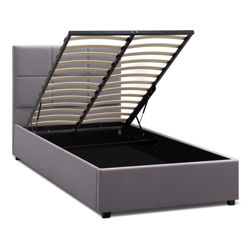 CELLO Grey Bed 100x200cm with plush velvet upholstery and under-bed storage, featuring anatomical slats and black wooden legs.