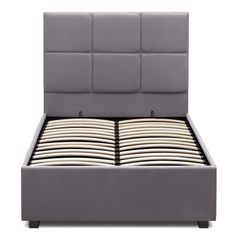 CELLO Grey Bed 100x200cm with plush velvet upholstery and under-bed storage, featuring anatomical slats and black wooden legs.