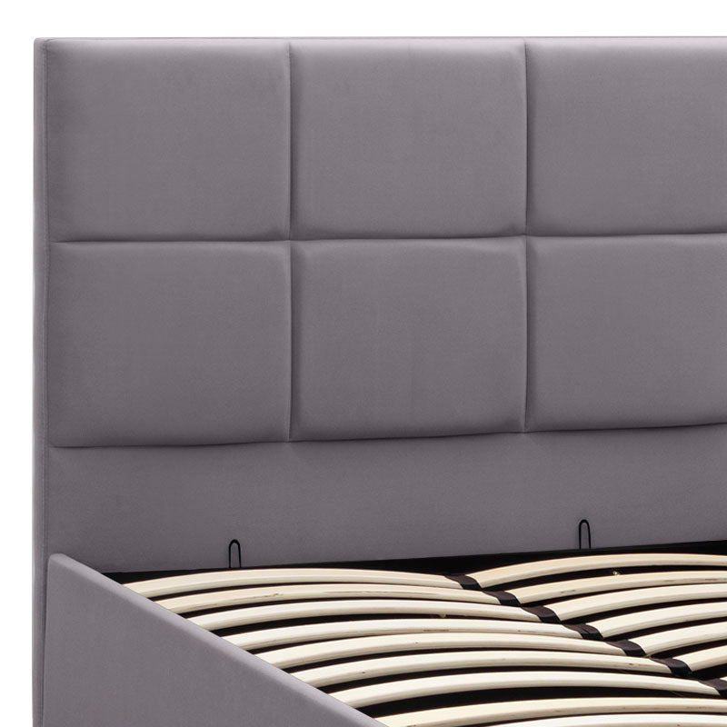 CELLO Grey Bed 100x200cm with plush velvet upholstery and under-bed storage, featuring anatomical slats and black wooden legs.