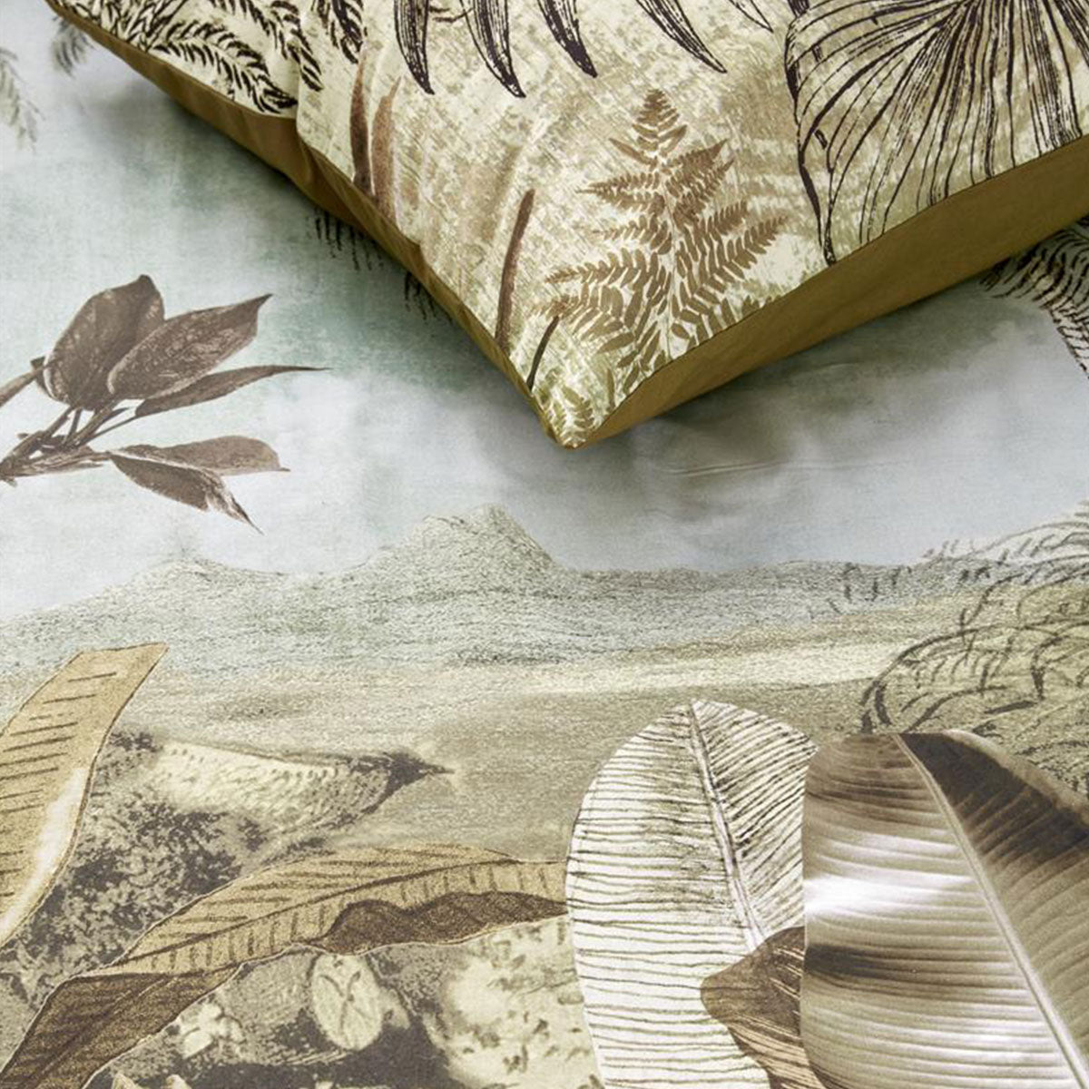 Bedding House Banda Green Cotton Quilt Cover Set featuring banana leaves and palm trees design on a calming background.