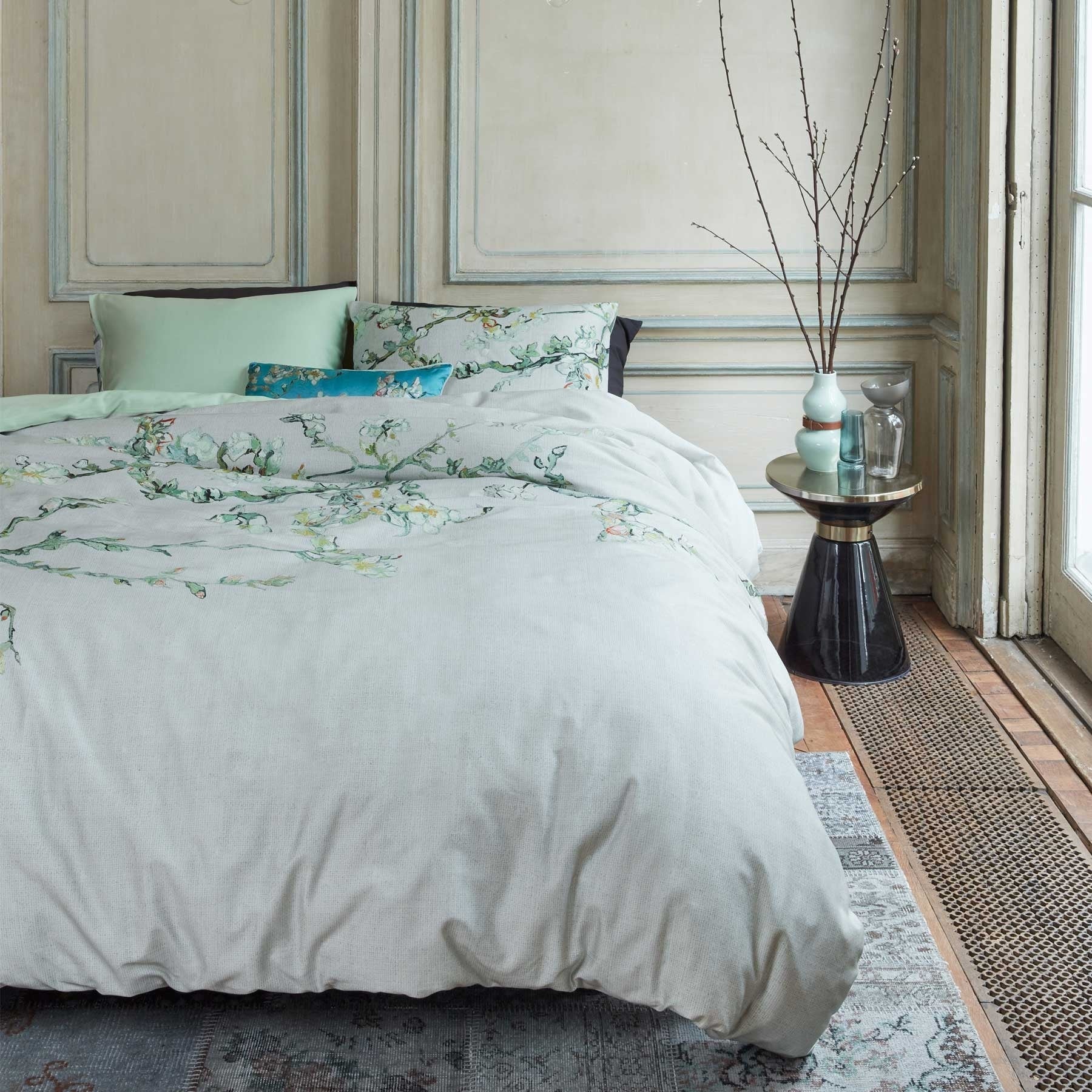 Bedding House Blossom Grey Quilt Cover Set featuring almond blossom design on a grey background, made from 100% cotton sateen.