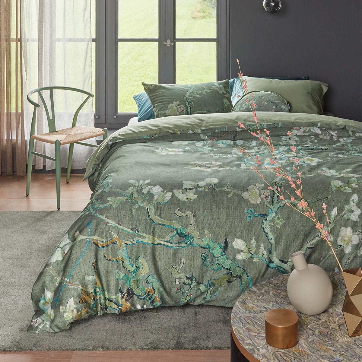 Bedding House Blossoming Green Cotton Sateen Quilt Cover Set featuring almond blossom design on a green background, perfect for a queen bed.