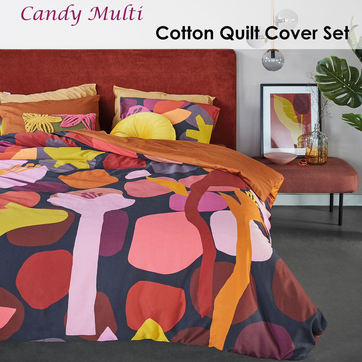 Bedding House Candy Multi Cotton Sateen Quilt Cover Set featuring vibrant floral design in warm colors on a smooth satin fabric.