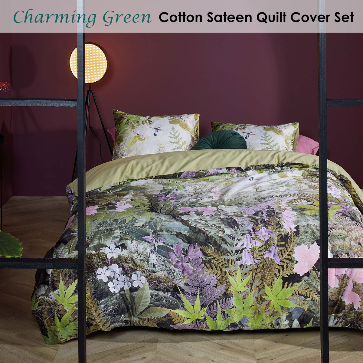 Charming Green Cotton Sateen Quilt Cover Set featuring vibrant floral design and terracotta back, perfect for queen-sized beds.