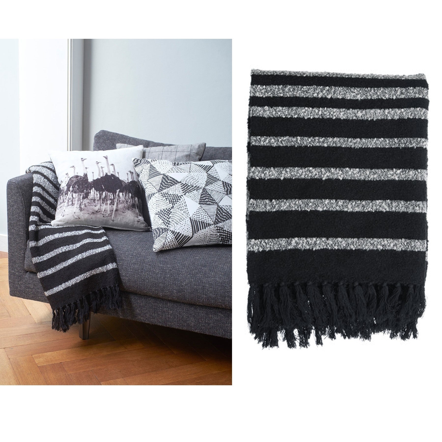 Bedding House Cotton Fringe Throw Rug in black and grey with knitted design and fringe edges, perfect for home decor.