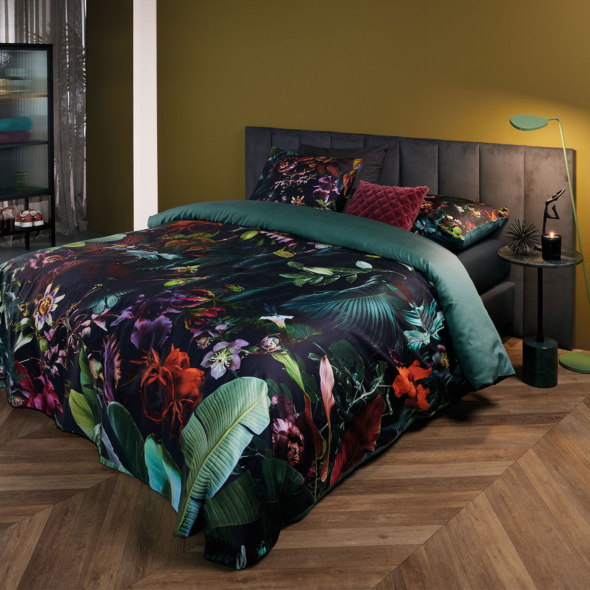 Dusk to Dawn Dark Green Cotton Sateen Quilt Cover Set featuring tropical rainforest print and soft satin finish.