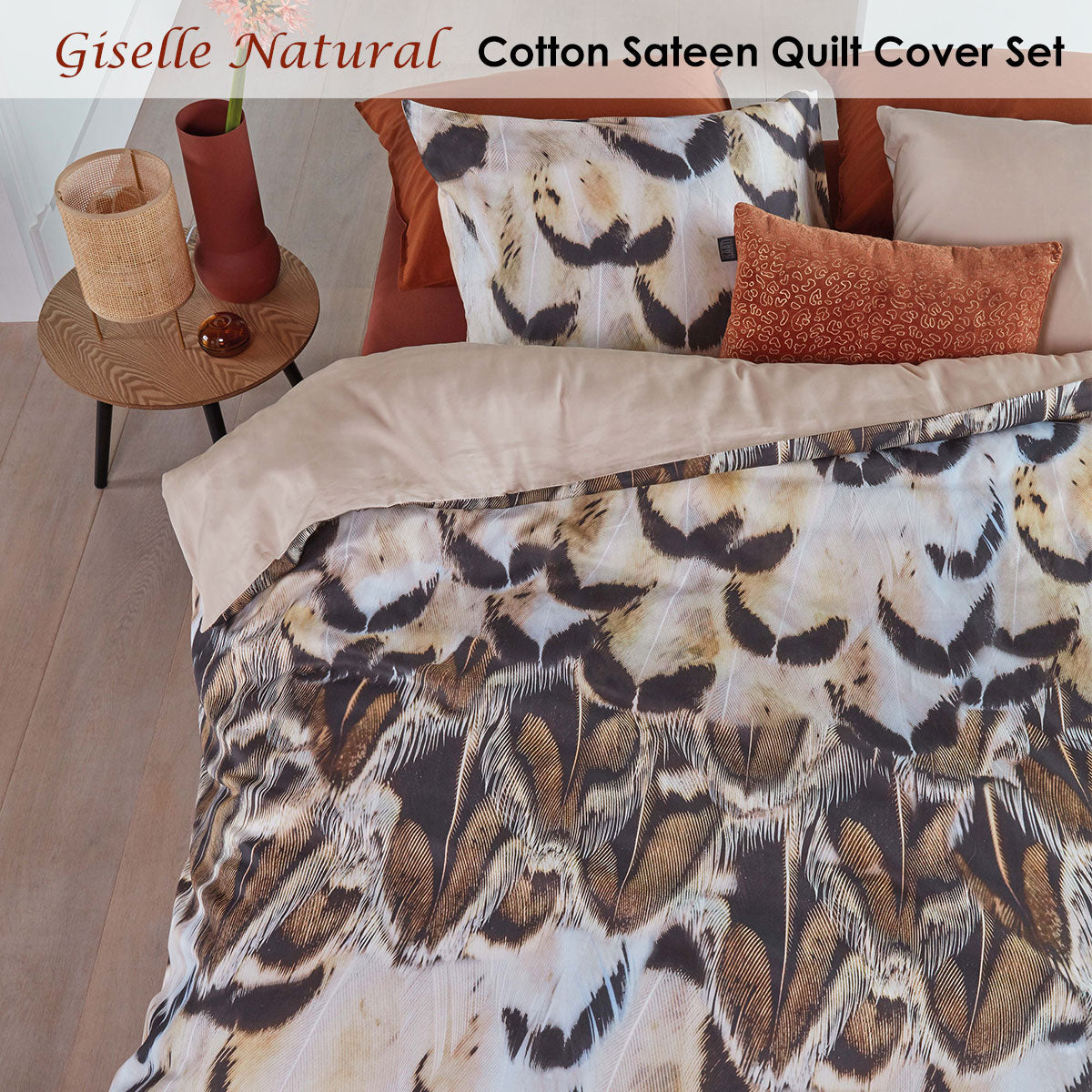 Bedding House Giselle Natural Cotton Sateen Quilt Cover Set featuring a vibrant feather print in multiple colors on a queen-sized quilt cover.