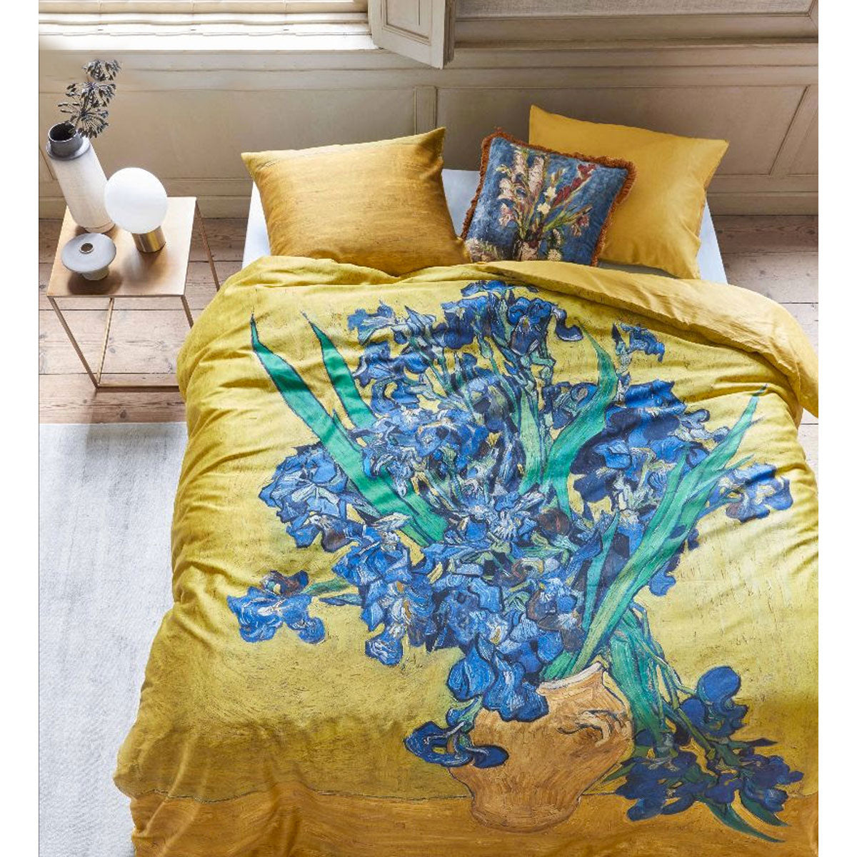Bedding House Irises Yellow Cotton Sateen Quilt Cover Set featuring vibrant floral design with yellow, green, blue, and grey tones.