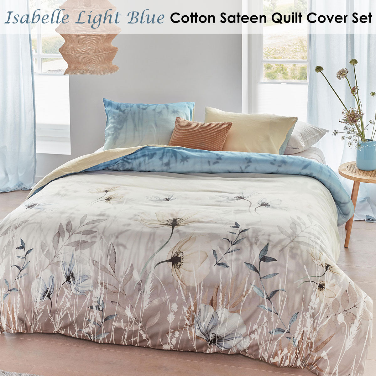 Bedding House Isabelle Light Blue Cotton Sateen Quilt Cover Set featuring floral print design and soft hues, perfect for a queen-sized bed.