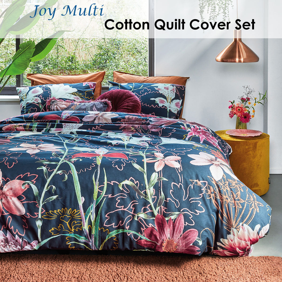 Bedding House Joy Multi Cotton Quilt Cover Set King featuring vibrant floral patterns in various colors on a soft cotton fabric.