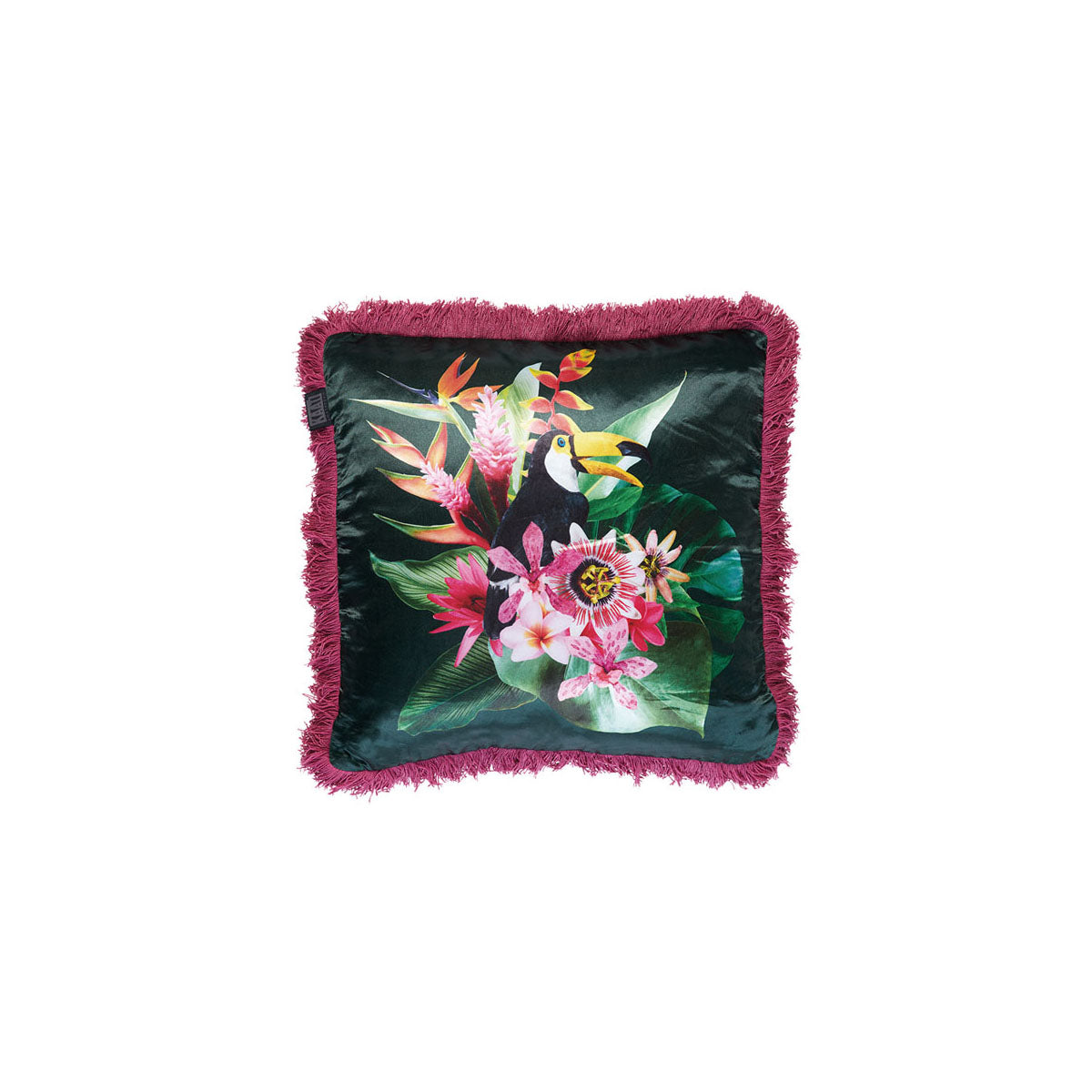 Bedding House Jungle Fever Pink Filled Cushion with vibrant fringe design in multiple colors.